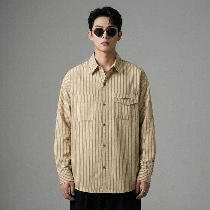 Chemise homme rayée oversize kaki col rabattu - Koreanxwear - Taille M