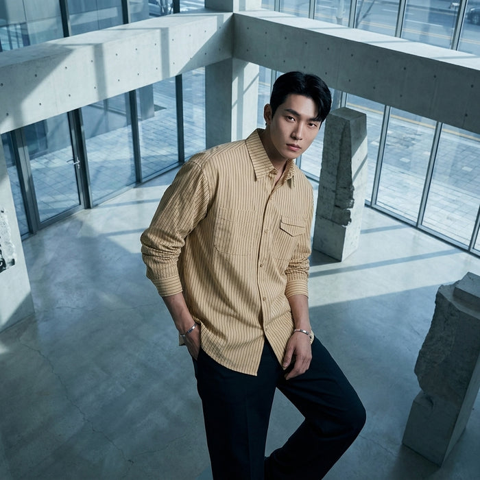 Chemise homme rayée oversize kaki col rabattu - Koreanxwear