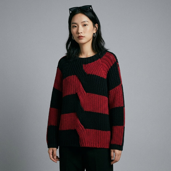 Pull rayé col rond oversize noir et rouge - Mode K-fashion femme - Taille S