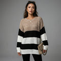 Pull rayé col rond ample couleur kaki - Koreanxwear - Taille S