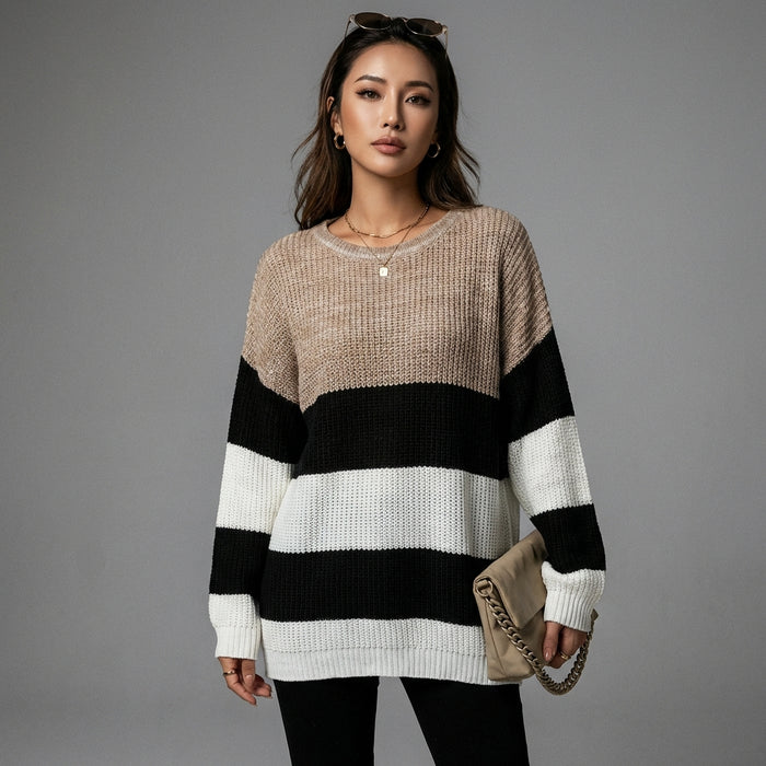 Pull rayé col rond ample couleur kaki - Koreanxwear - Taille S