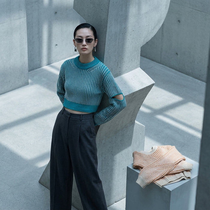 Pull rayé col rond avec découpes manches longues - Koreanxwear