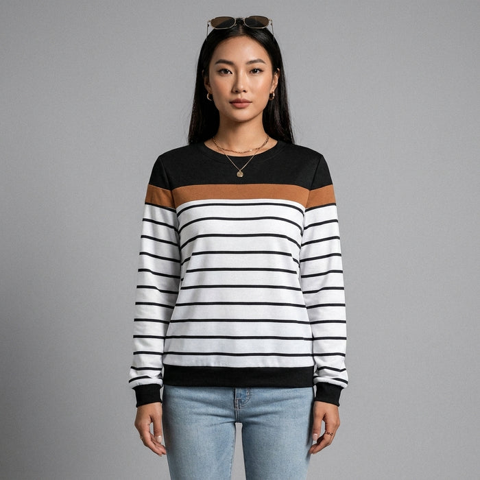 Sweat rayé col rond noir blanc style K-fashion décontracté - Koreanxwear - Taille L