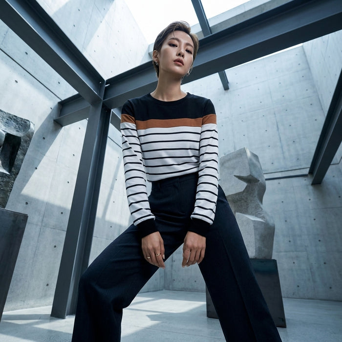 Sweat rayé col rond noir blanc style K-fashion décontracté - Koreanxwear