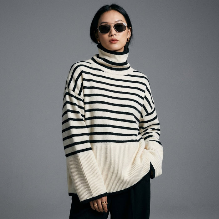Pull rayé col roulé noir et blanc - Koreanxwear - Taille One Size