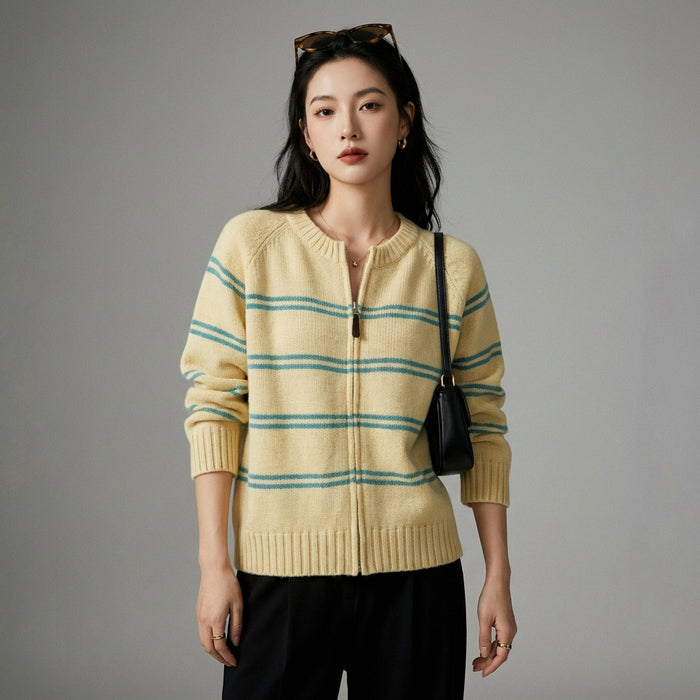 Cardigan rayé color-block zippé - Mode Coréenne - Taille One Size