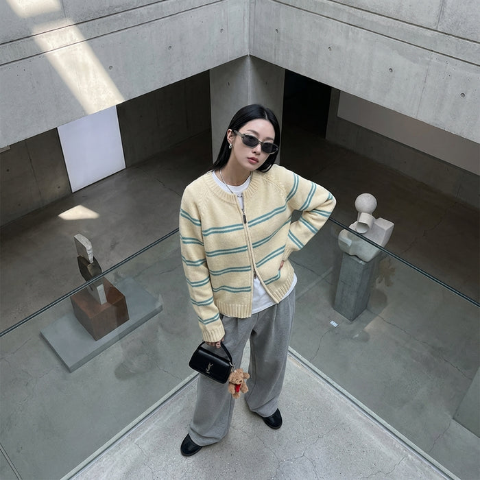 Cardigan rayé color-block zippé - Mode Coréenne