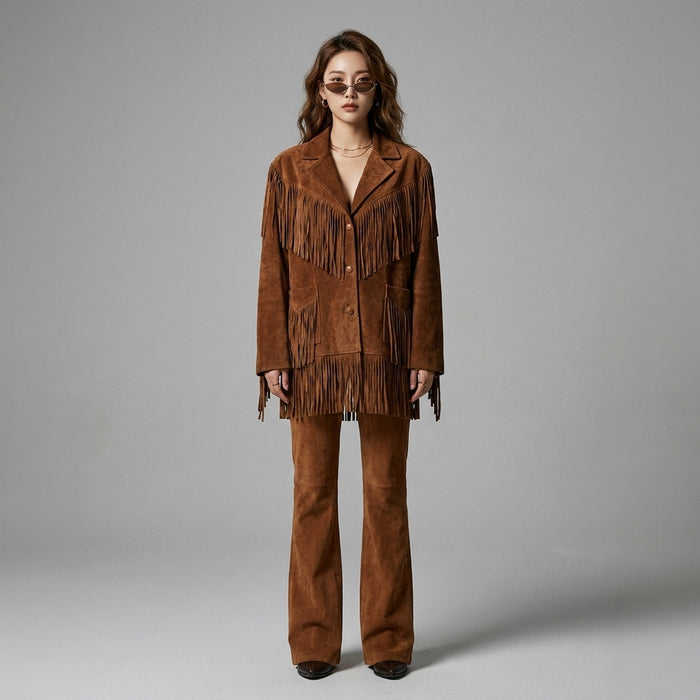 Veste à franges en daim marron pour femme - Koreanxwear - Taille S