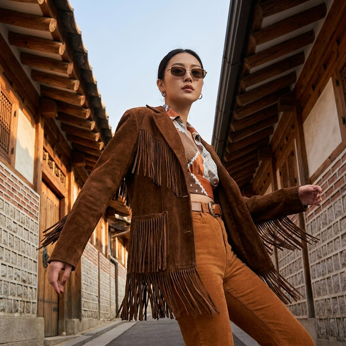 Veste à franges en daim marron pour femme - Koreanxwear