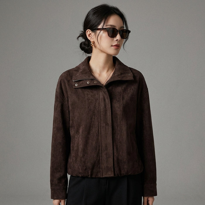 Veste en suède marron à col chemise pour femme - Koreanxwear - Taille XS
