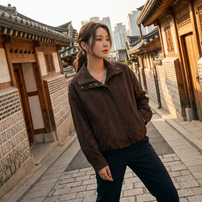 Veste en suède marron à col chemise pour femme - Koreanxwear