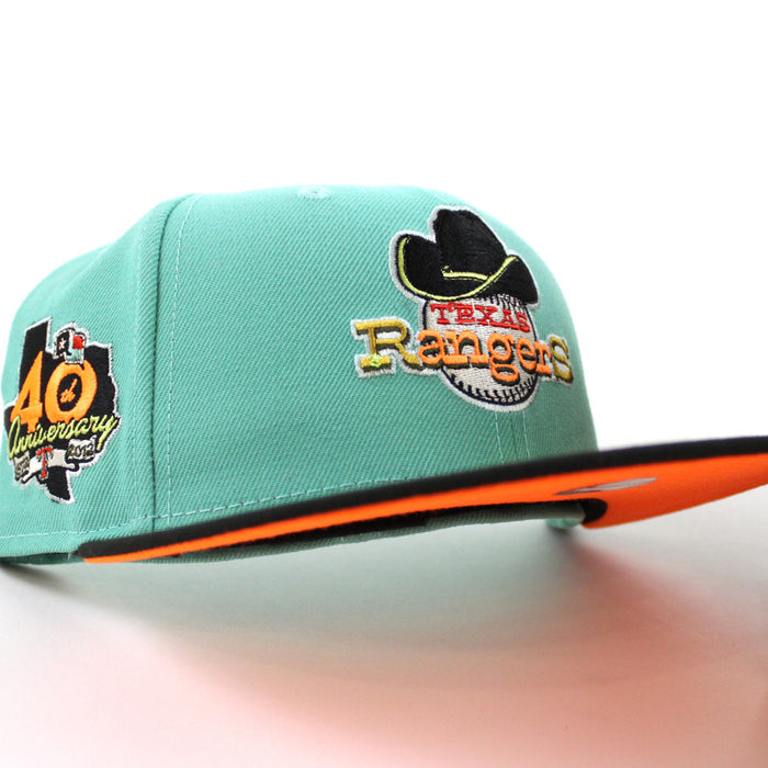 Texas Rangers 40TH ANNIVERSARY New Era 59Fifty Fitted Hat (CLEAR MINT BLACK HUNTER FLAME ORANGE Under Brim)