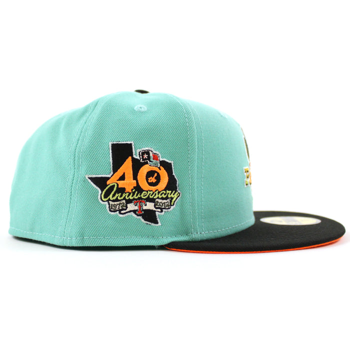 Texas Rangers 40TH ANNIVERSARY New Era 59Fifty Fitted Hat (CLEAR MINT BLACK HUNTER FLAME ORANGE Under Brim)