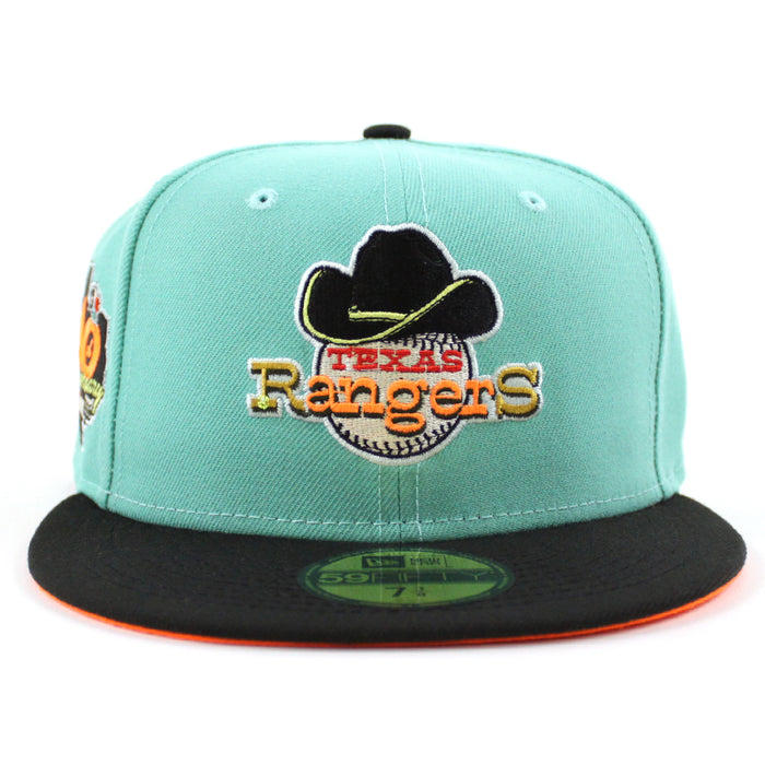 Texas Rangers 40TH ANNIVERSARY New Era 59Fifty Fitted Hat (CLEAR MINT BLACK HUNTER FLAME ORANGE Under Brim)