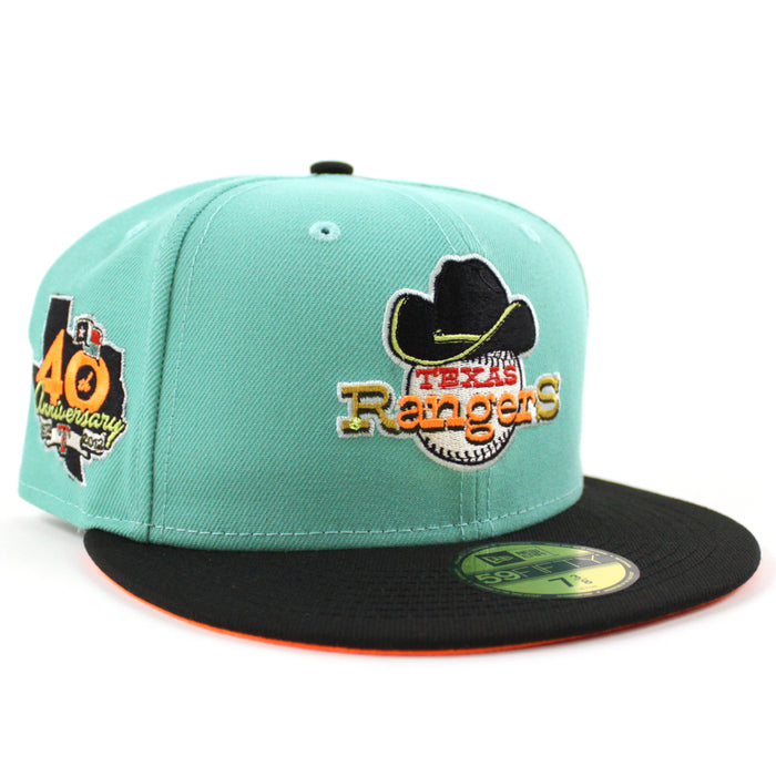 Texas Rangers 40TH ANNIVERSARY New Era 59Fifty Fitted Hat (CLEAR MINT BLACK HUNTER FLAME ORANGE Under Brim)