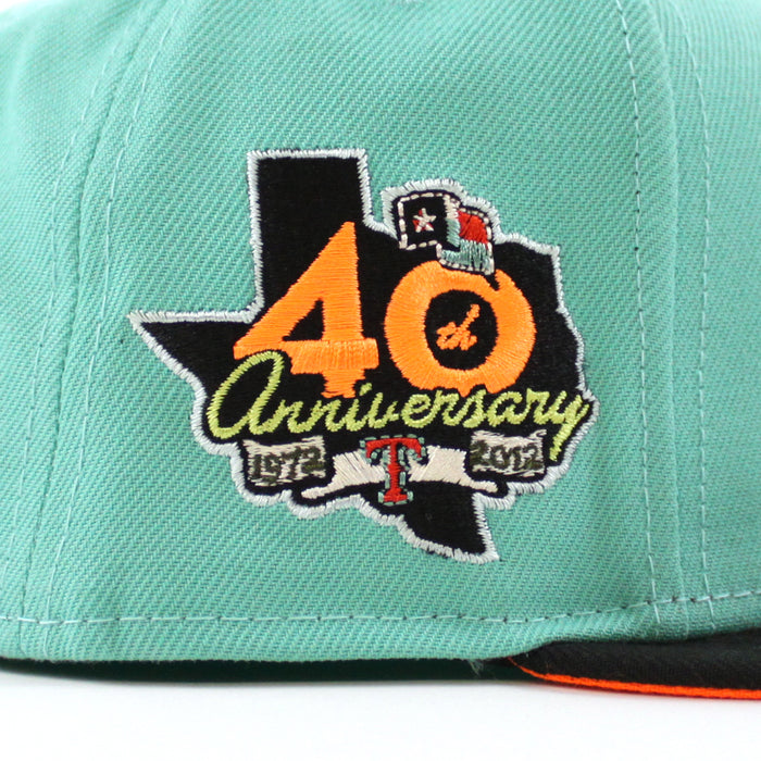 Texas Rangers 40TH ANNIVERSARY New Era 59Fifty Fitted Hat (CLEAR MINT BLACK HUNTER FLAME ORANGE Under Brim)