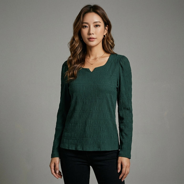Blouse texturée à manches longues verte - Mode Coréenne pour femme - Taille S