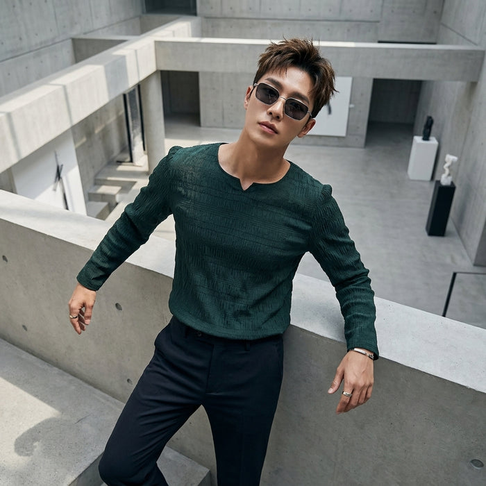 Blouse texturée à manches longues verte - Mode Coréenne pour femme