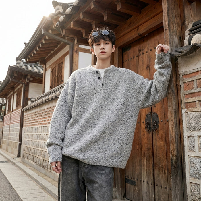 Pull Henley épais en laine grise pour homme - Koreanxwear