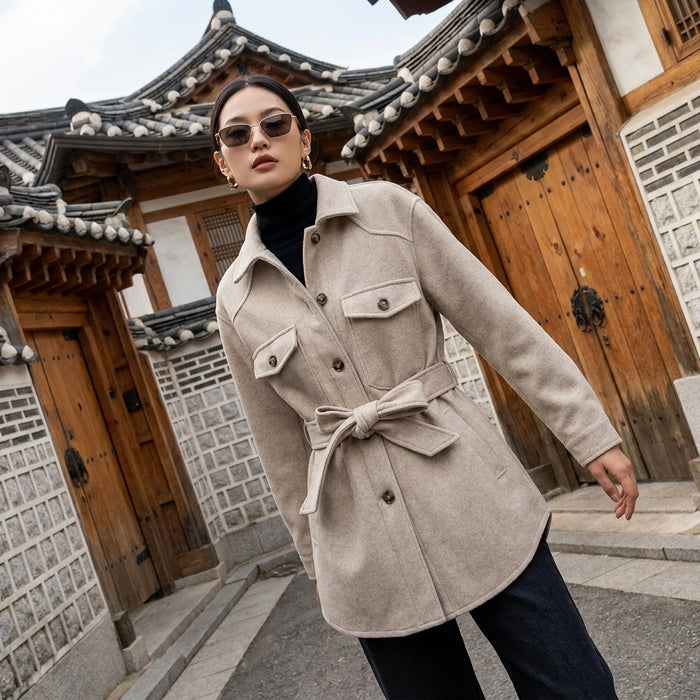Manteau chemise ceinturé femme, style K-fashion élégant et moderne