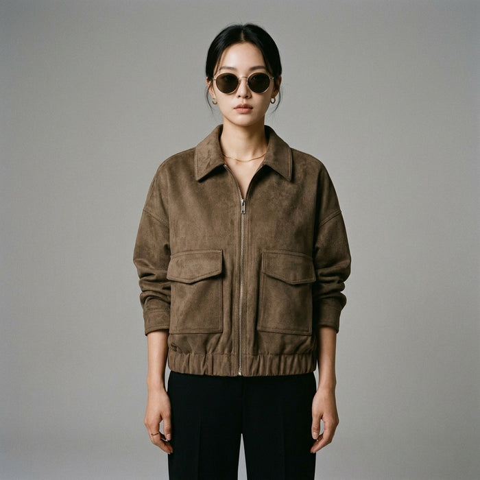 Veste zippée marron col chemise femme - Koreanxwear - Taille XS