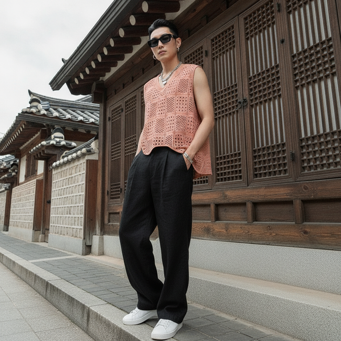 Gilet sans manches col V évidé noir K-fashion - Koreanxwear