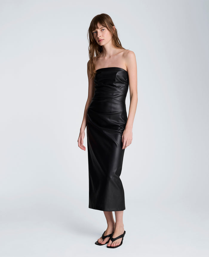 Tucked Detail Midi Strapless Vegan Leather Dress