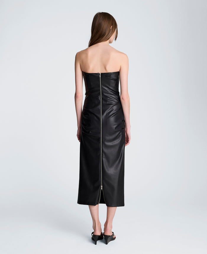 Tucked Detail Midi Strapless Vegan Leather Dress