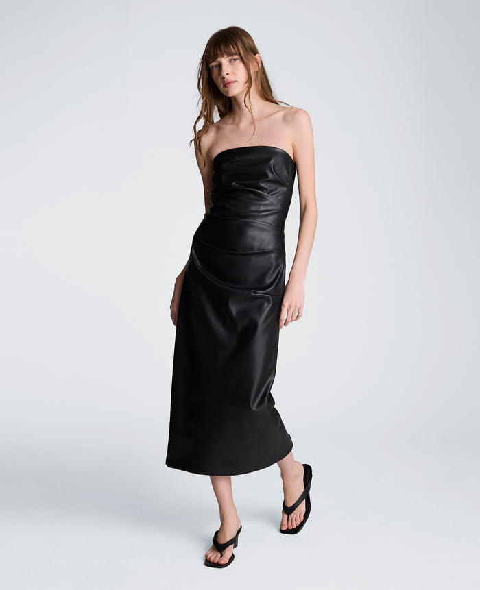 Tucked Detail Midi Strapless Vegan Leather Dress