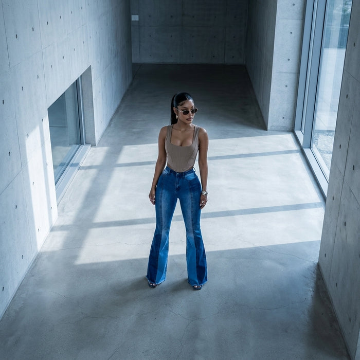 Jean bootcut taille haute bicolore pour femme - K-fashion