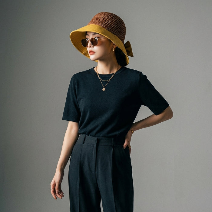 Chapeau bob tricoté bicolore avec nœud - Mode coréenne - Taille M（56-58cm）