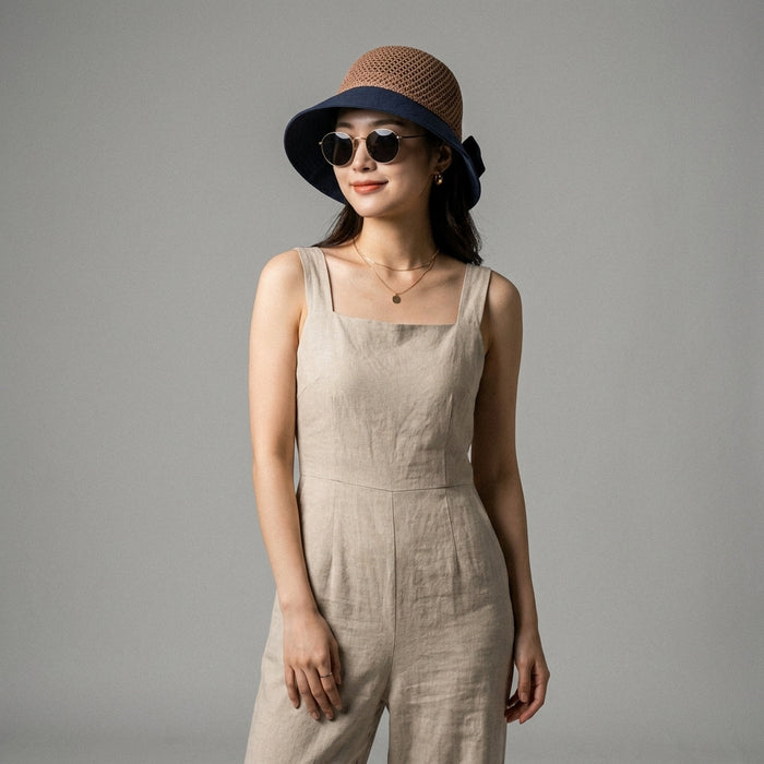 Chapeau bob tricoté bicolore avec nœud - Mode coréenne - Taille M（56-58cm）