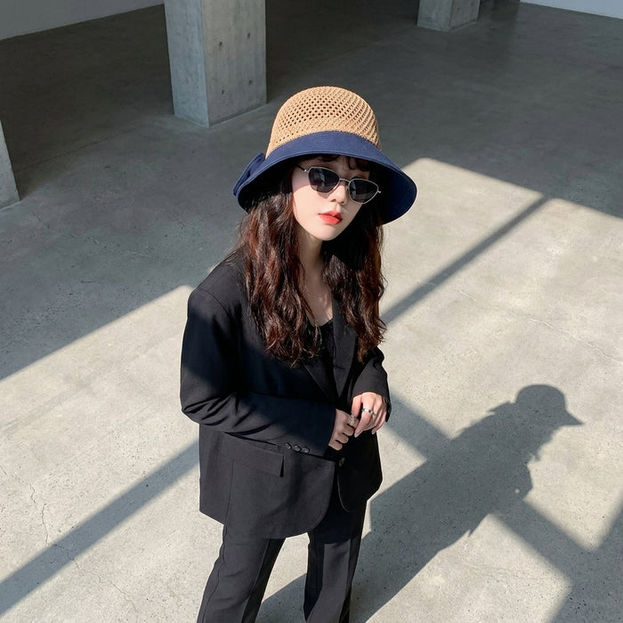 Chapeau bob tricoté bicolore avec nœud - Mode coréenne
