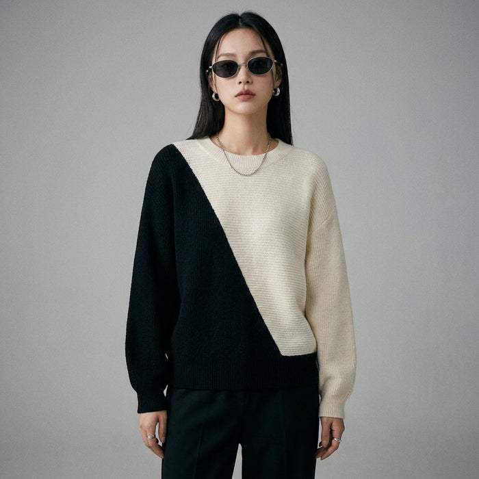 Pull bicolore col rond ample pour femme - Koreanxwear - Taille S