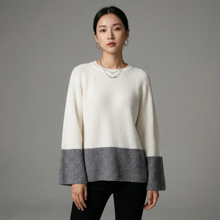 Pull col rond bicolore blanc et noir, style streetwear K-fashion. - Taille L