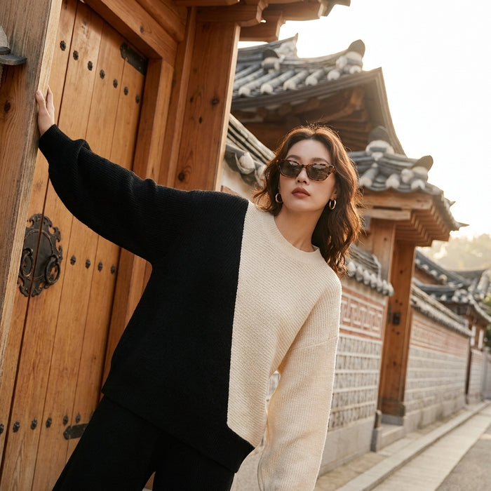 Pull bicolore col rond ample pour femme - Koreanxwear