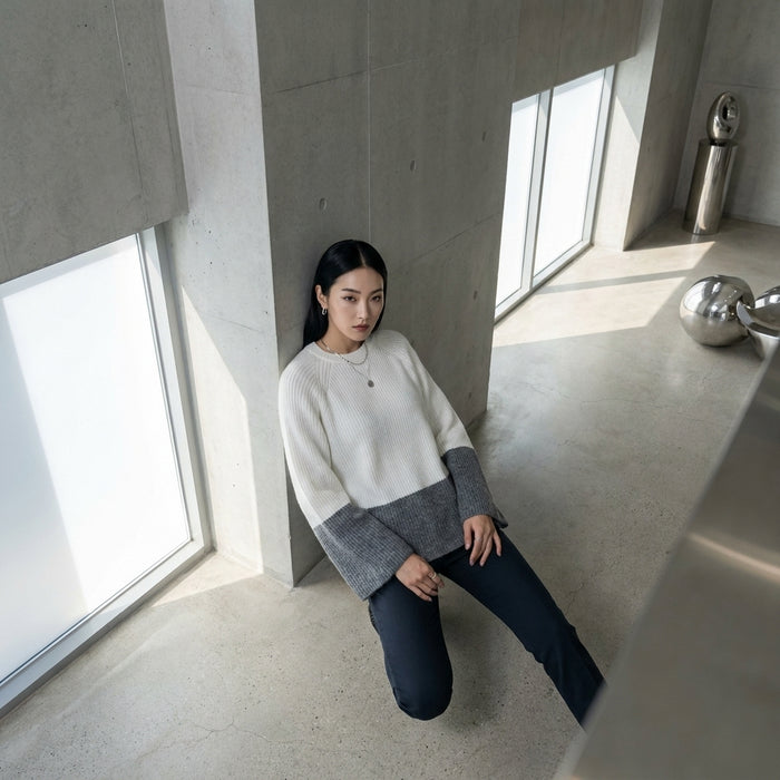 Pull col rond bicolore blanc et noir, style streetwear K-fashion.