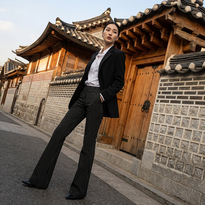 Pantalon évasé streetwear bicolore noir femme - K-fashion Koreanxwear