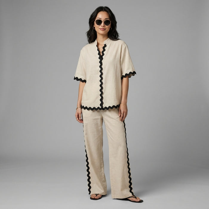 Ensemble top et pantalon bicolore beige et noir, style décontracté K-fashion - Taille XL - Grande Taille