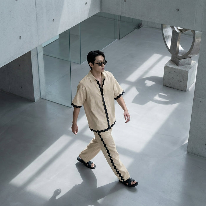 Ensemble top et pantalon bicolore beige et noir, style décontracté K-fashion
