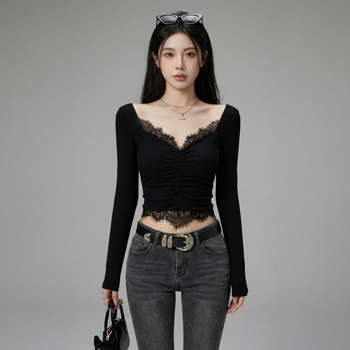 T-shirt femme col V manches évasées, mode coréenne et chic - Koreanxwear - Taille S