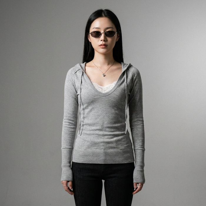 T-shirt à capuche col V bicolore gris pour femme - Mode coréenne - Taille S