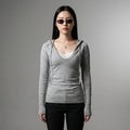 T-shirt à capuche col V bicolore gris pour femme - Mode coréenne - Taille S