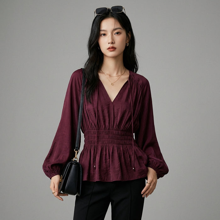 Chemisier femme col V manches lanternes taille cintrée - K-fashion - Taille XS