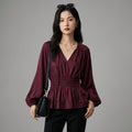 Chemisier femme col V manches lanternes taille cintrée - K-fashion - Taille XS
