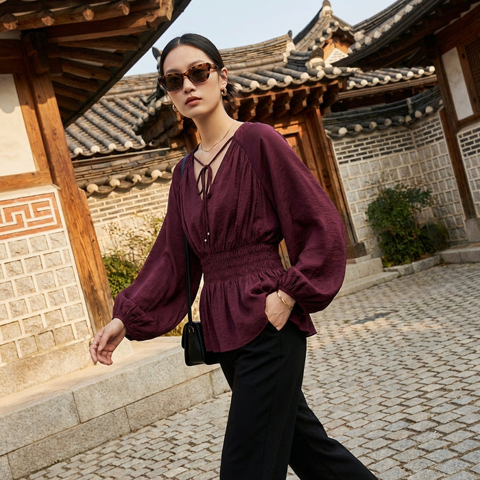 Chemisier femme col V manches lanternes taille cintrée - K-fashion