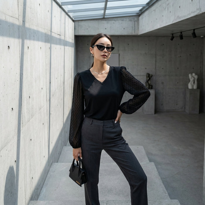 Haut noir uni col V manches longues - Mode coréenne femme