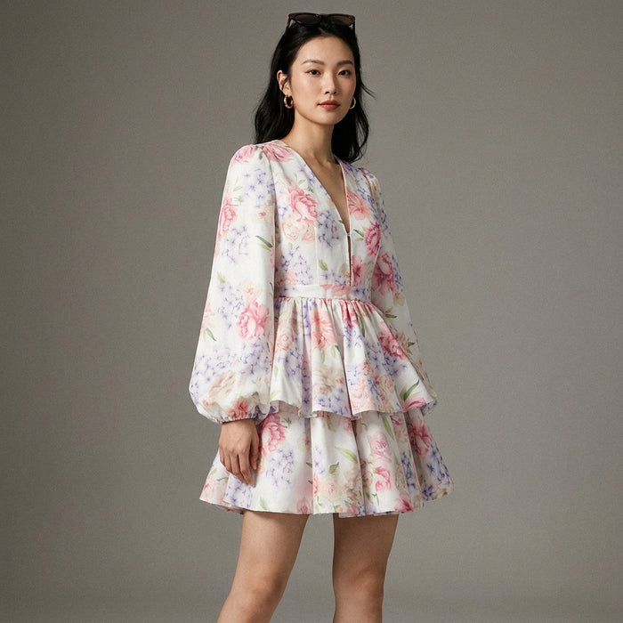 Robe femme décolleté V manches bouffantes imprimée - Koreanxwear - Taille S