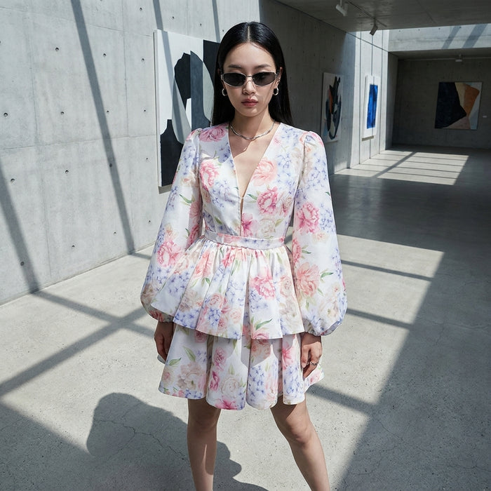 Robe femme décolleté V manches bouffantes imprimée - Koreanxwear