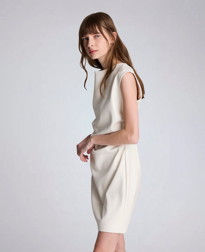 Vegan Leather Boatneck Rouched Waist Short Dress